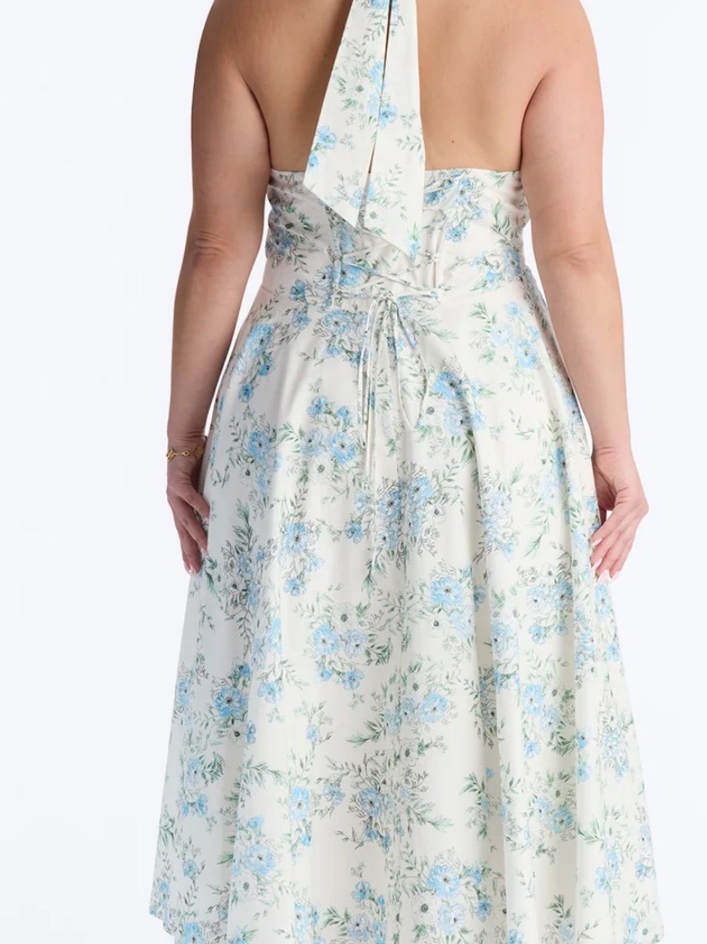 Fashion Nova Ivory Halter Midi Dress with Light Blue Floral - Picture 2 of 2